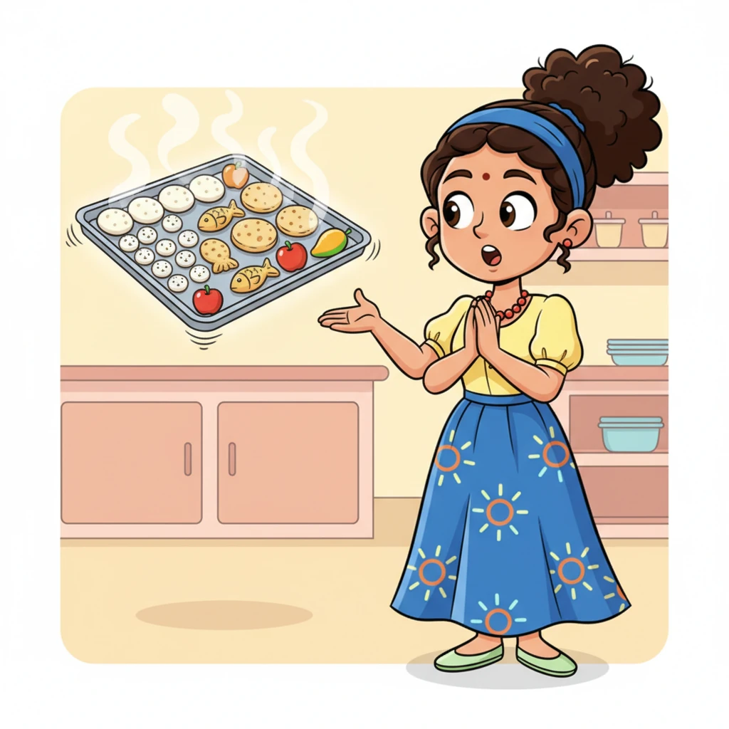 The Sun Brand mascot winks and guides Chef Sunny to the small tray section, where a 300x300mm tray magically displays a kaleidoscope of idli shapes. Chef Sunny's eyes widen as she sees nine regular round idlis, thirty-six mini idlis, four giant thattu idlis, eight fishy idlis, and even whimsical apple and mango shapes, all ready to be steamed.