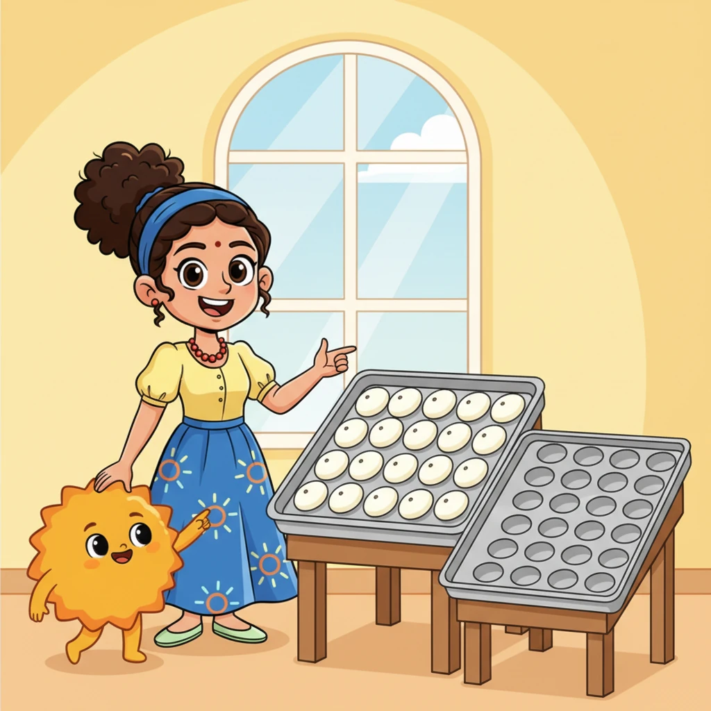 Next, the mascot leads Chef Sunny to the impressive big tray (510x510mm) display. Though it has fewer designs, this tray promises a feast! She sees a single tray holding twenty-five plump regular idlis or sixty-four super-speedy mini idlis, perfect for a busy morning rush.