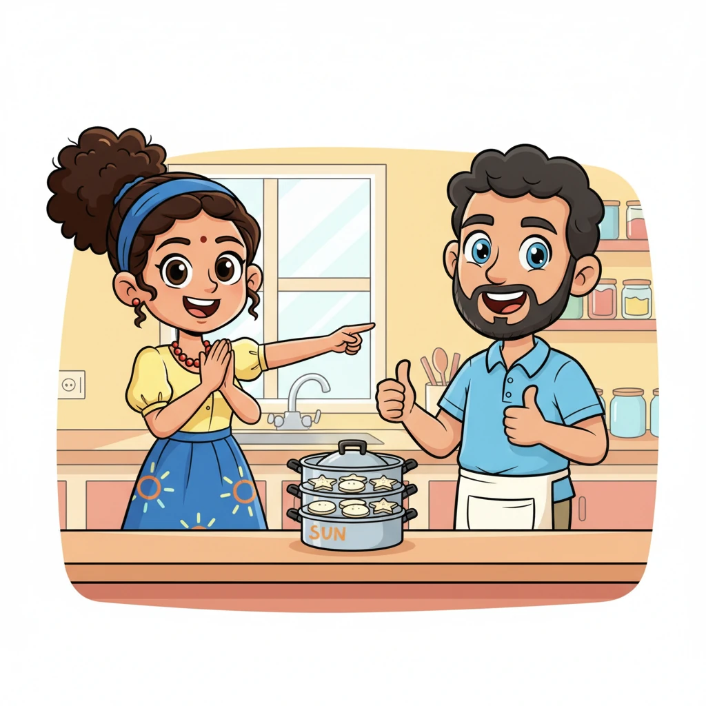 With a happy clap, Chef Sunny points decisively to her chosen Sun Brand Idli steamer. It's a medium-sized one with a mix of small and big trays, perfectly balancing her hourly idli needs, kitchen space, and desire for both classic and fun-shaped idlis. The mascot gives her a thumbs-up!