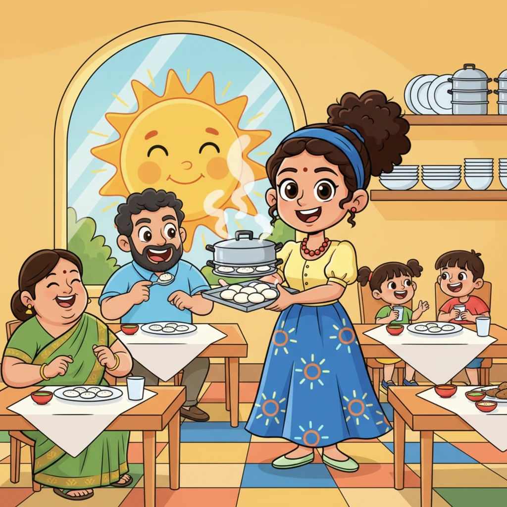 Back in her bustling "Sunny's Idli Spot," Chef Sunny is a whirlwind of happy activity, effortlessly steaming trays of delicious idlis using her brand-new Sun Brand steamer. Customers of all shapes and sizes joyfully dig into their plates, and even the sun mascot peeks in from the window, smiling at the delicious success.