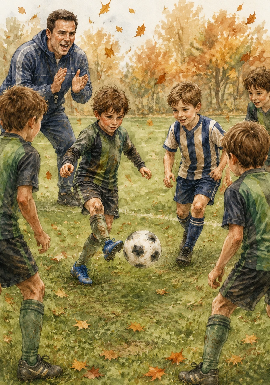 During midweek practice, the team gathered in a tight circle to practice their passing drills. Ezra focused intensely, tapping the ball with the inside of his foot perfectly into the path of his best friend, Leo. The autumn leaves swirled around them as the coach clapped his hands, shouting words of encouragement that made the whole team stand a little taller.