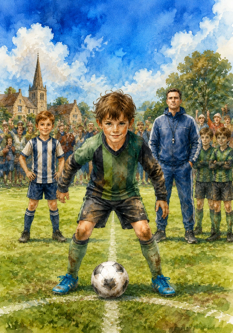 The decisive final match of the league arrived, held under a brilliant blue sky with the entire Long Crendon village watching from the sidelines. Ezra stood in the midfield, his heart pounding against his chest as the referee blew the whistle to start the game. Parents waved handmade banners and cheered loudly, creating an electric atmosphere of hope and excitement.