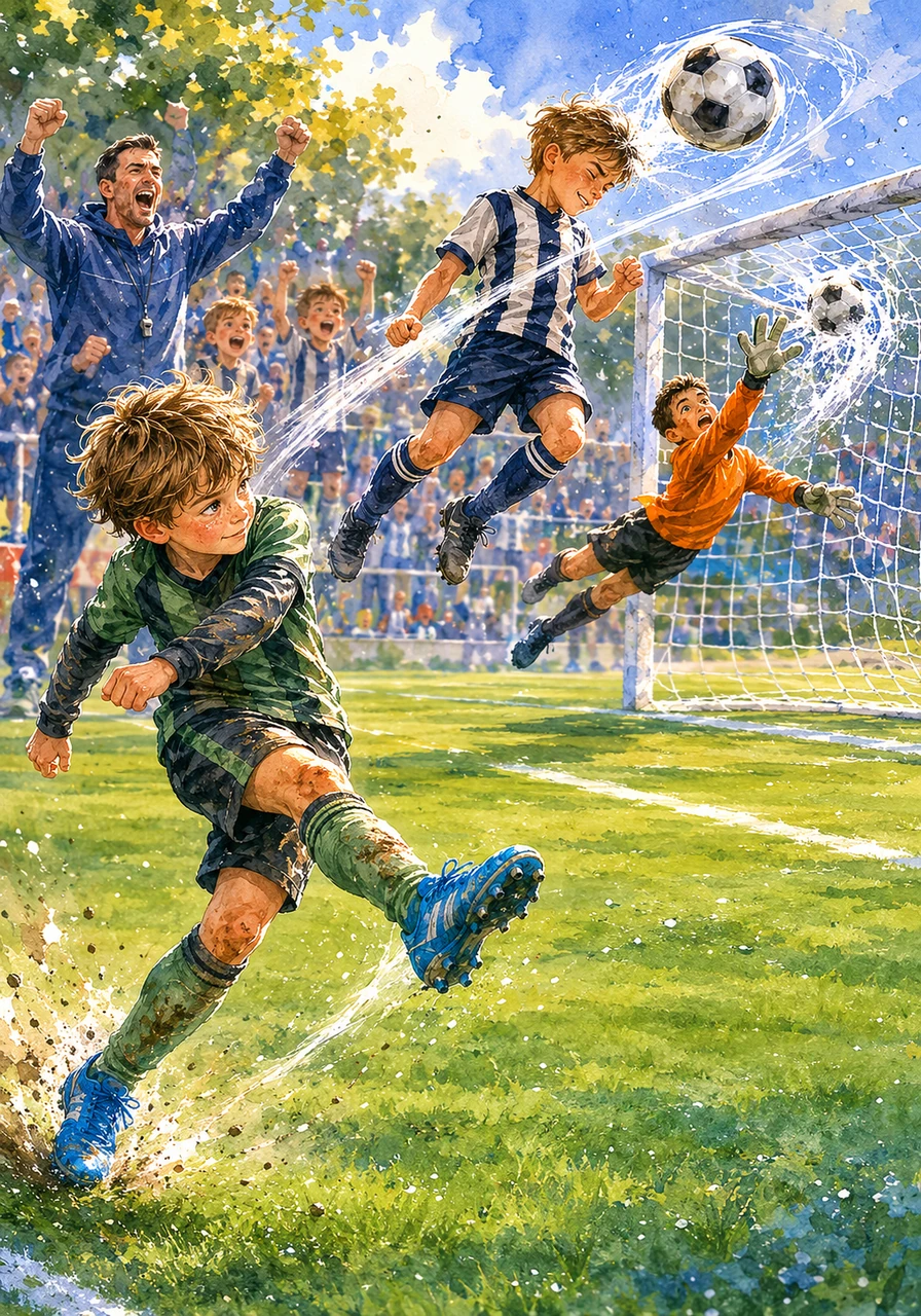 Ezra spotted his teammate open near the penalty box and delivered a perfectly timed, curling cross through the air. His teammate connected with a powerful header, sending the ball flying past the outstretched arms of the diving goalkeeper. The ball hit the back of the net, and the sideline erupted into a frenzy of cheers and applause.