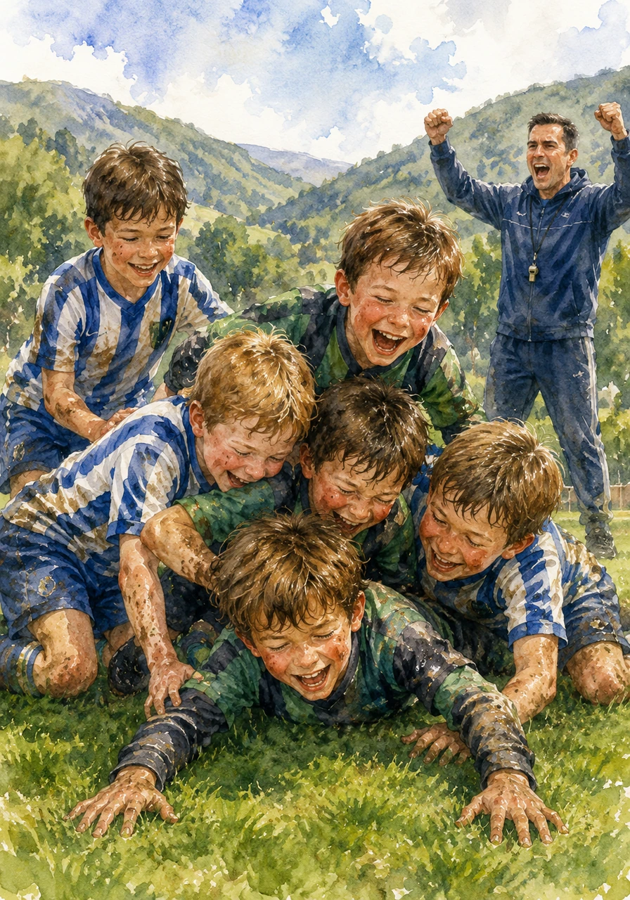 The final whistle blew, echoing across the valley to signal that Long Crendon had officially won the league championship. Ezra collapsed onto the soft grass in pure joy, instantly surrounded by his teammates who piled on top of him in a massive, laughing celebratory hug. Tears of happiness mixed with sweat on their smiling faces.