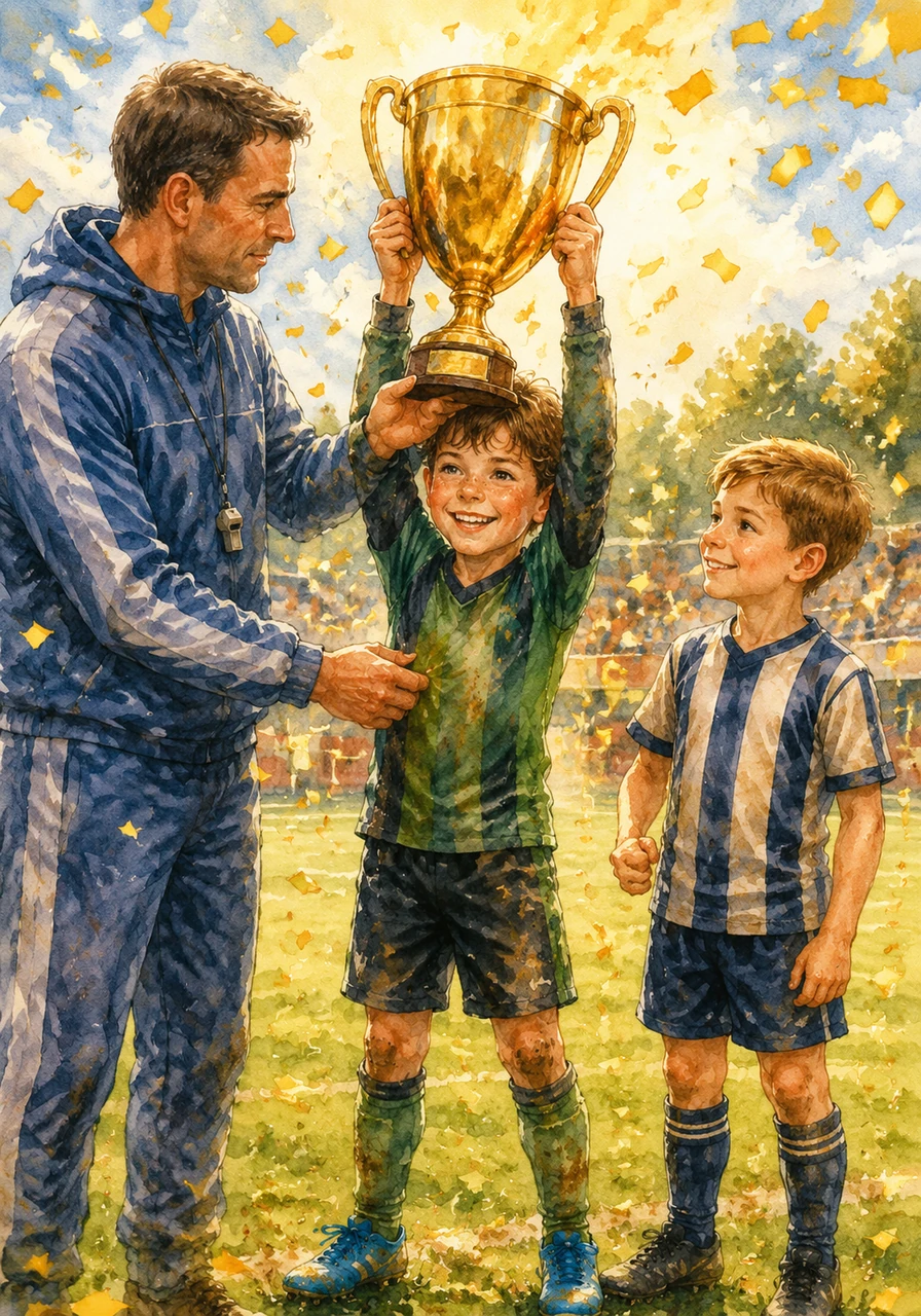 At the presentation ceremony, the shiny gold league trophy gleamed under the afternoon sun. The coach handed the trophy to Ezra, acknowledging his incredible teamwork and leadership throughout the season. Ezra lifted the heavy cup high above his head, his face beaming with pride as golden confetti rained down on the champions.