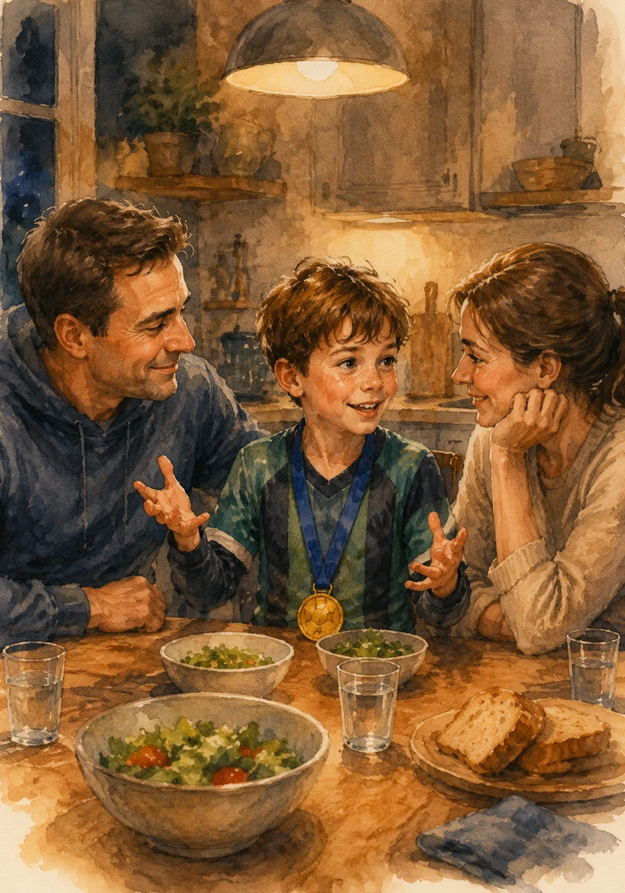 Later that evening, Ezra sat at the kitchen table with his family, the gold winner's medal proudly draped around his neck. His parents smiled warmly as he described every single pass and goal of the season, knowing this was a beautiful memory he would cherish for the rest of his life.