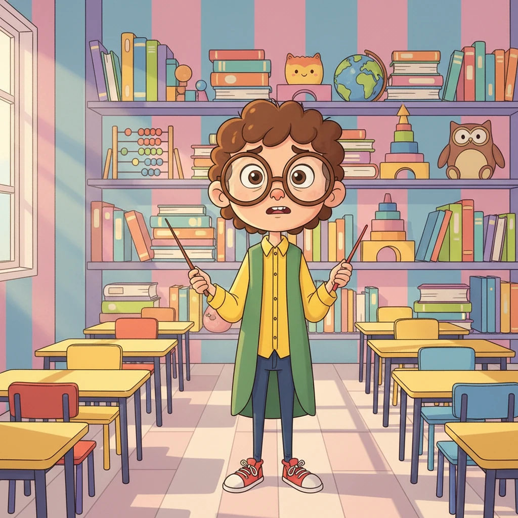 Professor Pip stands nervously at the front of a vibrant, colorful classroom. Their oversized spectacles are slightly askew, and a friendly but anxious smile plays on their lips. Brightly colored books and playful learning tools fill the shelves behind them, hinting at the exciting lessons to come.