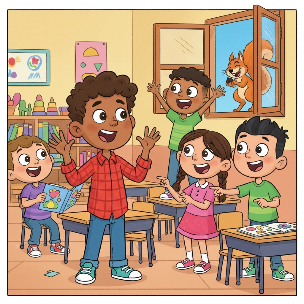 The classroom bursts with energy as a group of cartoonishly diverse students chatter and fidget. Pip tries to get their attention, feeling a bit overwhelmed by the joyful chaos. A mischievous squirrel peeks in through an open window, adding to the playful atmosphere.