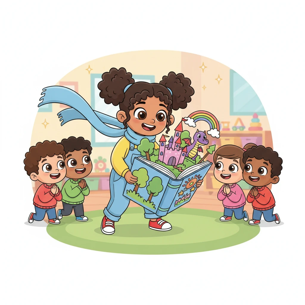 Pip closes their eyes for a moment, remembering the wise and dynamic Ms. Diana. Ms. Diana, with her sparkling eyes and flowing scarf, is shown engaging a group of delighted students with a giant, colorful pop-up book. Her teaching style was always so captivating and fun!