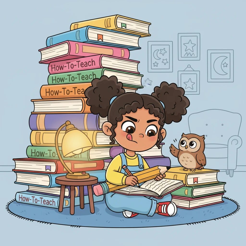 Determined, Pip sits surrounded by a towering stack of 'How-To-Teach' books, a tiny lamp casting a warm glow on their face. They are diligently taking notes, their brows furrowed in concentration. Next to them, a friendly little owl character perches, offering a silent nod of encouragement.