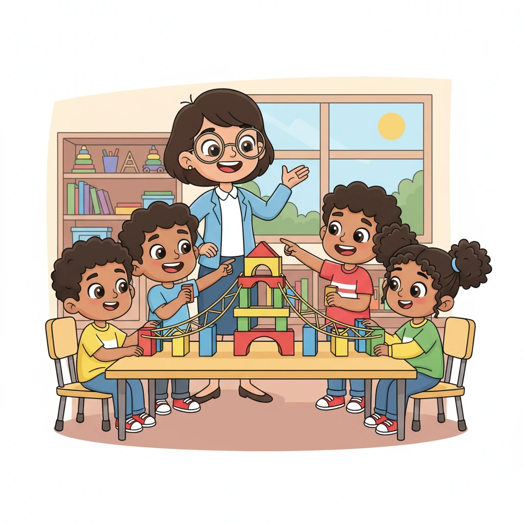Pip leads the students in a bustling, hands-on project, building a miniature bridge out of colorful blocks and spaghetti. Everyone is laughing and collaborating, learning by 'doing' as they piece together their wobbly creation. Pip beams, seeing the practical skills in action.