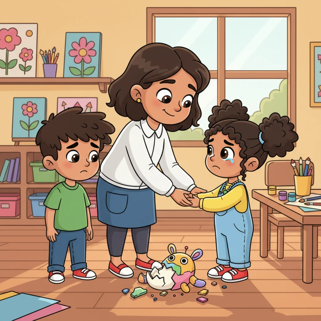 A student accidentally breaks a classmate's art project. Pip gently brings both students together, guiding them to talk through the problem and find a fair solution. They learn about honesty and kindness, understanding the importance of 'being' a good friend.