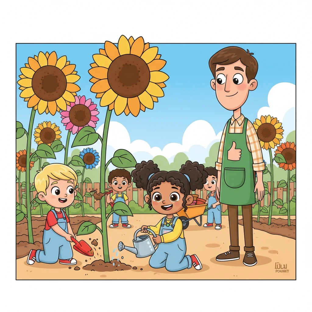 The class works together on a 'Community Garden' project, planting giant, colorful sunflowers. Each student has a task, from watering to digging, learning about shared responsibility. Pip supervises with a proud smile, watching their little gardeners take ownership.