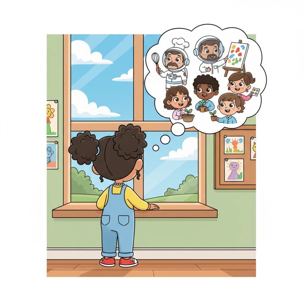 Pip stands at the classroom window, gazing out at the bright, sunny world, a thoughtful expression on their face. They imagine all their students growing up to be kind, skilled, and responsible adults, ready for life's big adventures. Pip knows their journey as an instructor is just beginning, filled with endless possibilities.