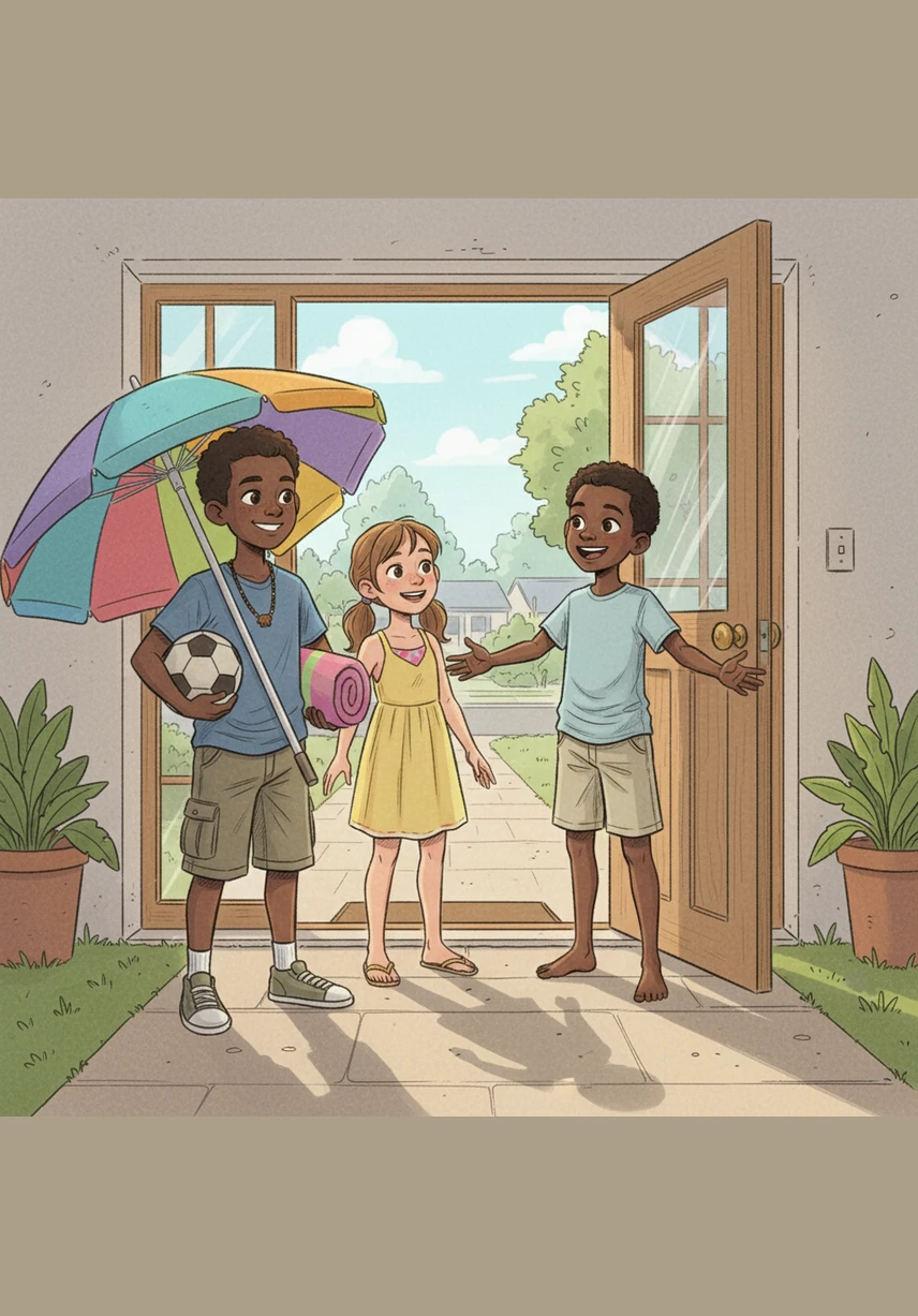 Outside the house, Bongi’s friends Bianca and Brandon are waiting with their own beach gear and a large umbrella. Bongi opens the door with a wide, natural smile, ready to greet them in their quiet Durban North neighborhood.