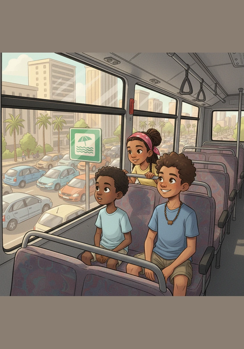 Inside the bus, Bongi looks out the window at the busy Durban traffic and city buildings. Brandon sits beside him and Bianca sits just behind them as they pass a road sign featuring a clear beach icon.
