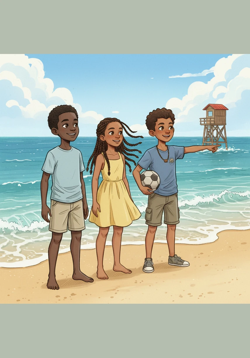 The children finally arrive at Salt Rock Beach, where the golden sand meets the blue Indian Ocean waves. Bongi feels the salty sea breeze on his face and smiles as he looks toward the tall lifeguard tower in the distance.