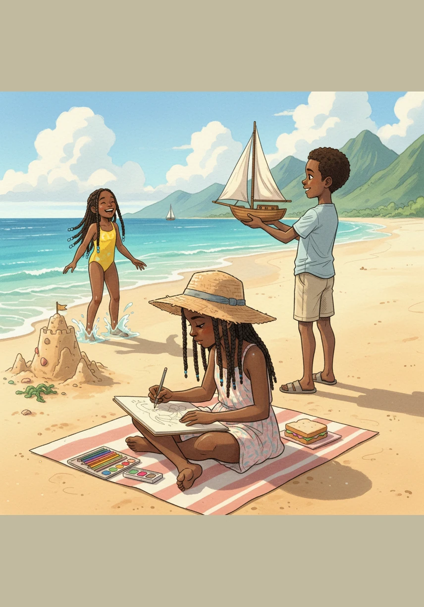 While Bianca focuses on building a detailed sandcastle with her bucket and spade, the boys play nearby. Bongi and Brandon kick a soccer-style beach ball, which looks like it might land right next to Bianca's sandy creation.