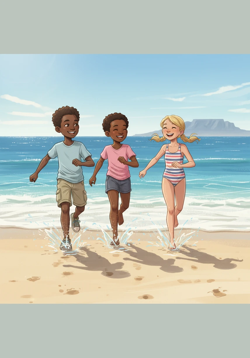 With big splashes and plenty of laughter, the three friends run across the sand and into the refreshing ocean waves. The water moves naturally around them as they enjoy the bright South African sunshine.