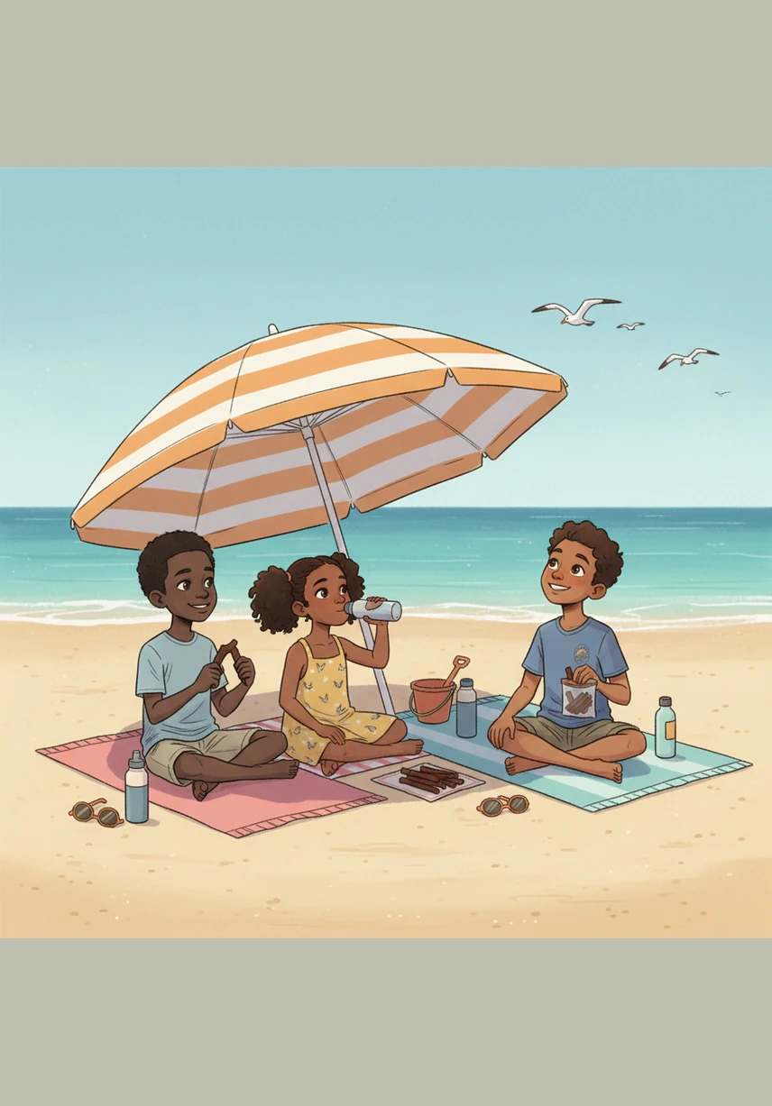 The children take a break on their towels under the shade of a large beach umbrella. They share their biltong and drink water while watching the local birds fly across the calm coastal sky.