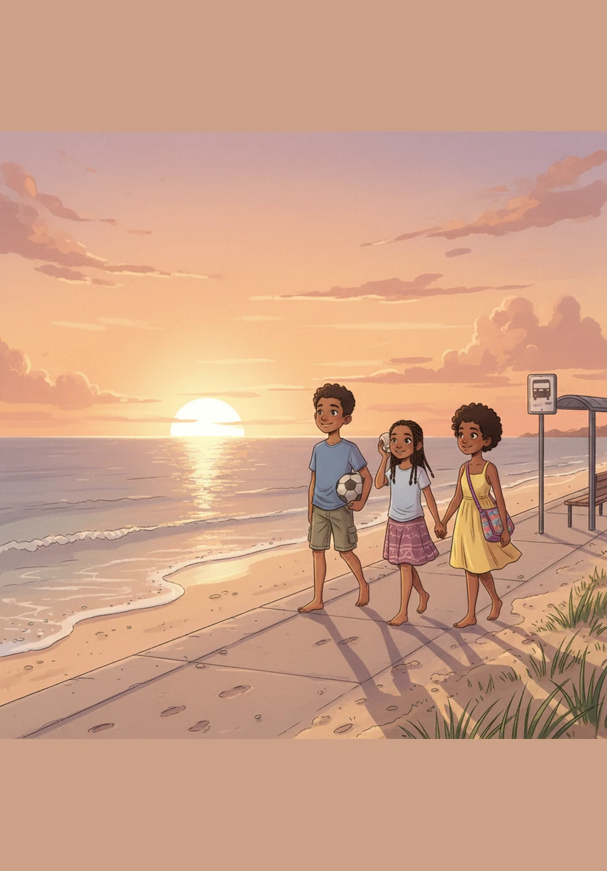 As the sun sets over the ocean, painting the sky in shades of orange and pink, the tired friends walk back toward the bus stop. It has been a perfect day at Salt Rock Beach, and they are happy to head home together.