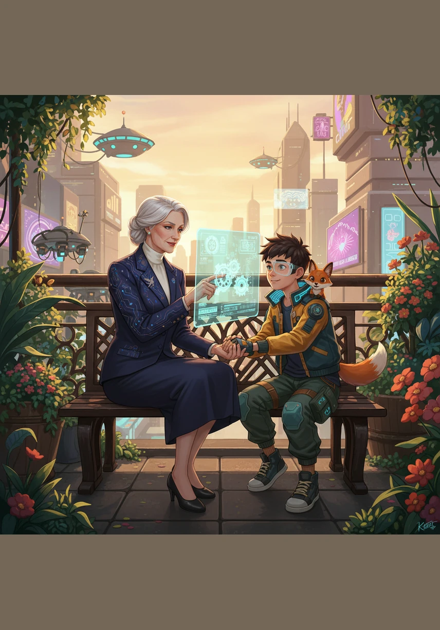 Maria sits in a sun-drenched garden with young Leo, her hands gently guiding his as they plant a small sapling together. She speaks softly about the importance of patience and thinking before acting, while the young boy looks up at her with innocent curiosity.