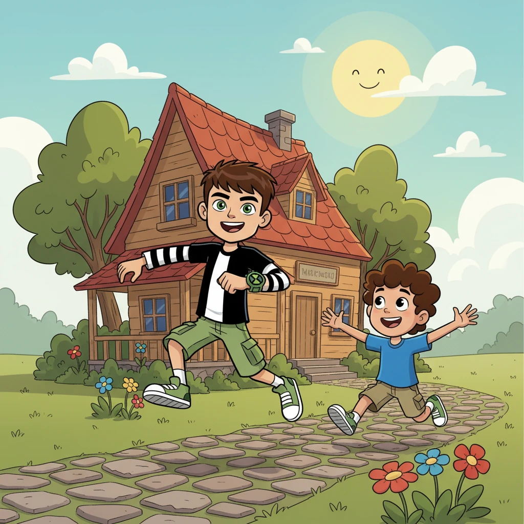 Ben 10, ansioso, chegava à casa da avó Vera para as férias de verão. Ele estava acompanhado por seu primo, Miguel, que mal podia esperar pelas aventuras. O sol brilhava, e a brisa suave indicava um tempo perfeito para diversão.