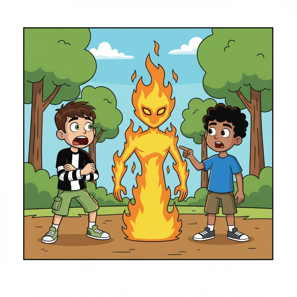 De repente, Ben 10 se transformou em Chama, um alienígena de fogo! Ele e Miguel ficaram boquiabertos com a transformação. A partir daquele momento, suas férias nunca mais seriam as mesmas.