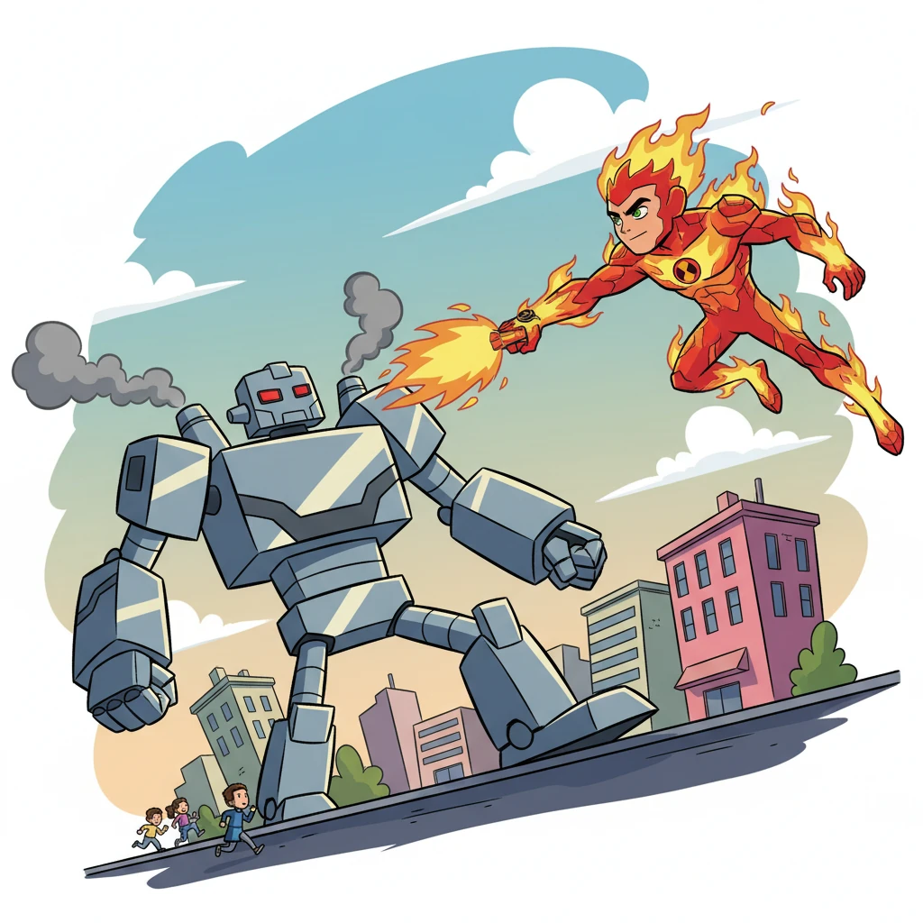 Um robô gigante, enviado por vilões intergalácticos, começou a atacar a cidade. Ben 10, como Chama, voou para defender os moradores, mostrando sua coragem e determinação.