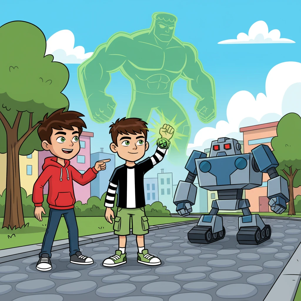 Ben 10, com a ajuda de Miguel, que o incentivava, mudou para um novo alienígena, Quatro Braços, para enfrentar o robô. Com força e estratégia, eles começaram a lutar.