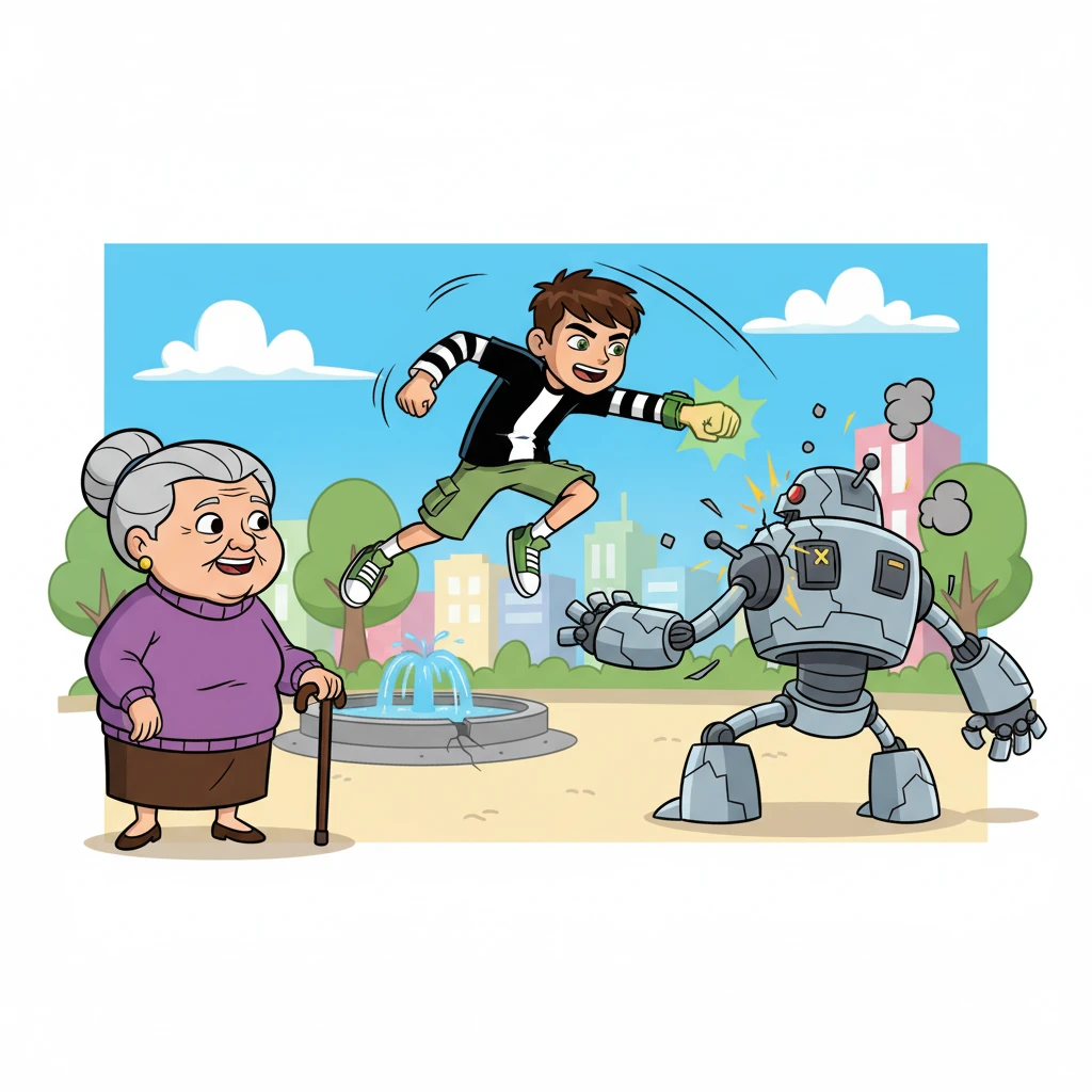 A avó Vera, vendo a batalha, ficou orgulhosa do neto. Ela sabia que Ben 10 era um herói. O robô, com vários golpes, começou a ser destruído.