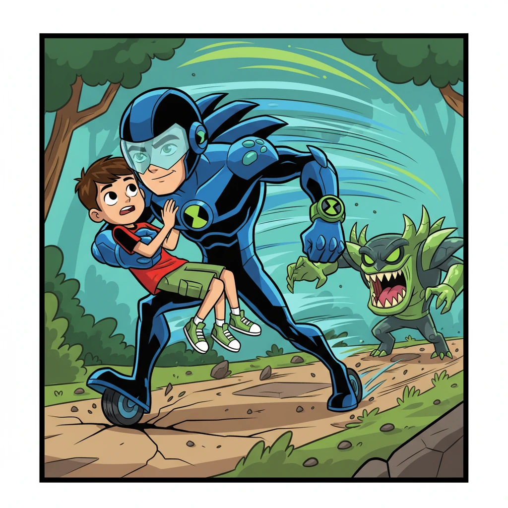 Em um momento de perigo, Ben 10 se transformou em XLR8, um alienígena velocista, para salvar Miguel de um ataque. A velocidade e agilidade o ajudaram.