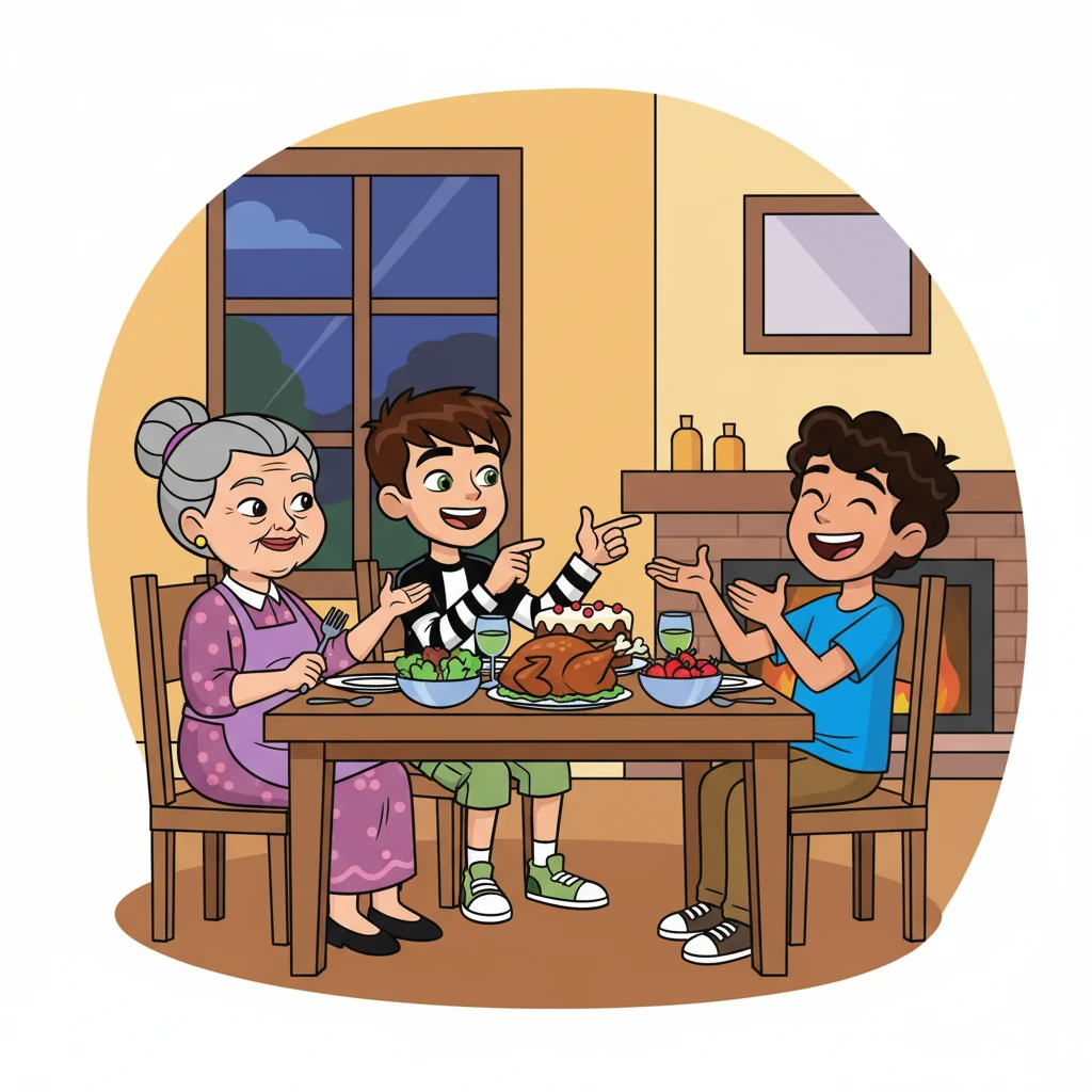 A avó Vera preparou um delicioso jantar para celebrar a vitória. Ben 10 e Miguel, sentados à mesa, riram e contaram as aventuras do dia.