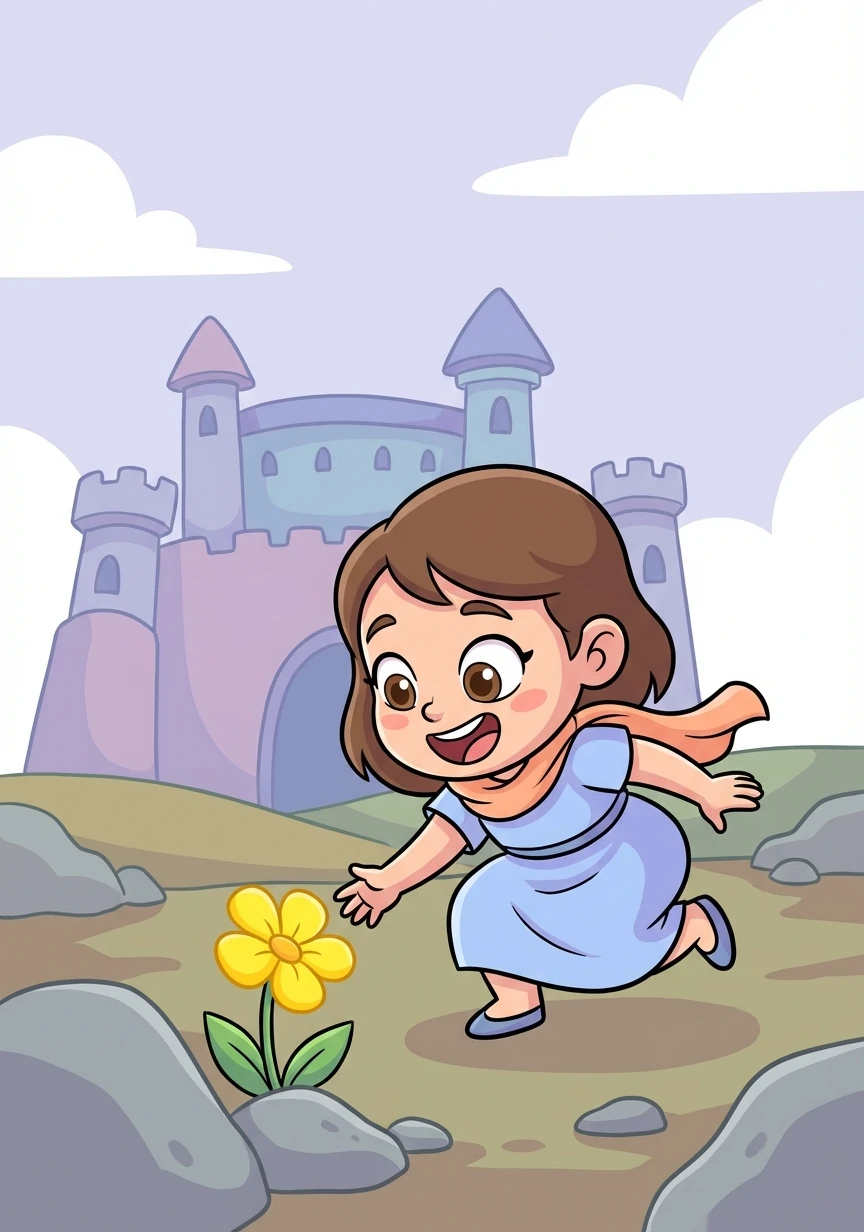 Un día, mientras caminaba cerca del castillo, Elara encontró una pequeña flor, la única flor que había visto en mucho tiempo. La flor era de un color amarillo vibrante, un contraste sorprendente con la tristeza que la rodeaba.