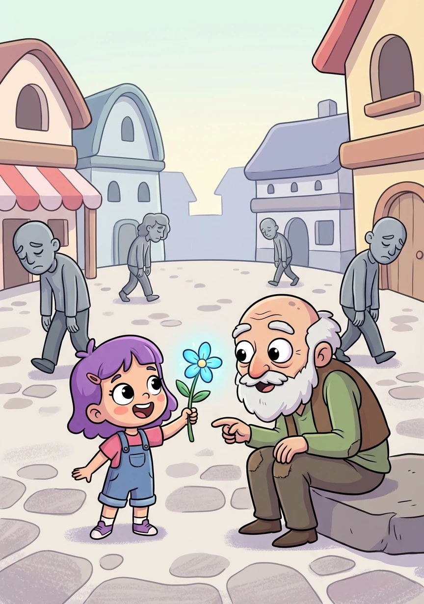 Elara decidió llevar la flor al pueblo y mostrarla a todos, pero la mayoría de la gente estaba demasiado desanimada para prestarle atención. Solo un anciano, sentado en la plaza, mostró un destello de interés.