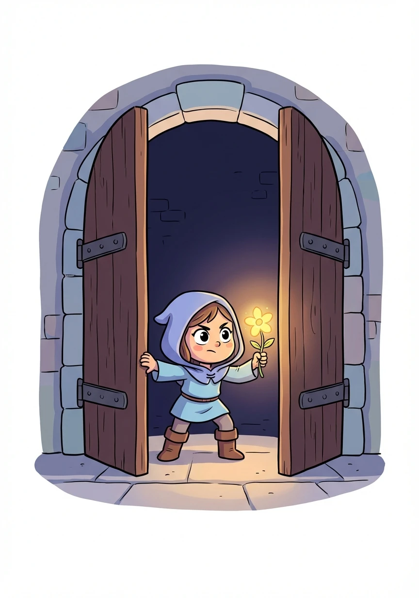 Llena de valentía, Elara decidió entrar al castillo. Empujó las pesadas puertas de madera y se adentró en la oscuridad, con la pequeña flor amarilla como su única guía.