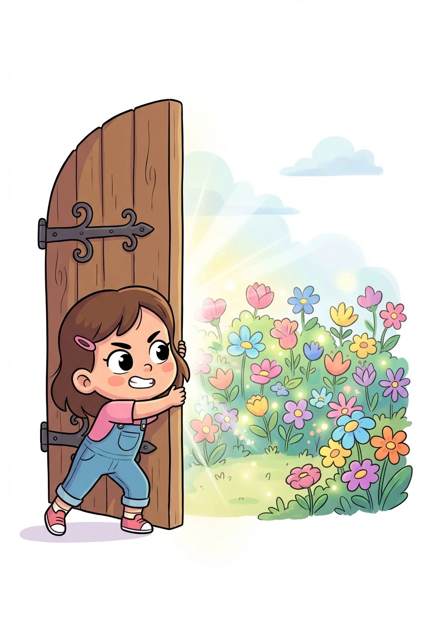 Finalmente, Elara llegó a una gran puerta cerrada. Con todas sus fuerzas, la empujó y descubrió un jardín secreto, lleno de flores de todos los colores imaginables. El jardín brillaba con una luz propia.