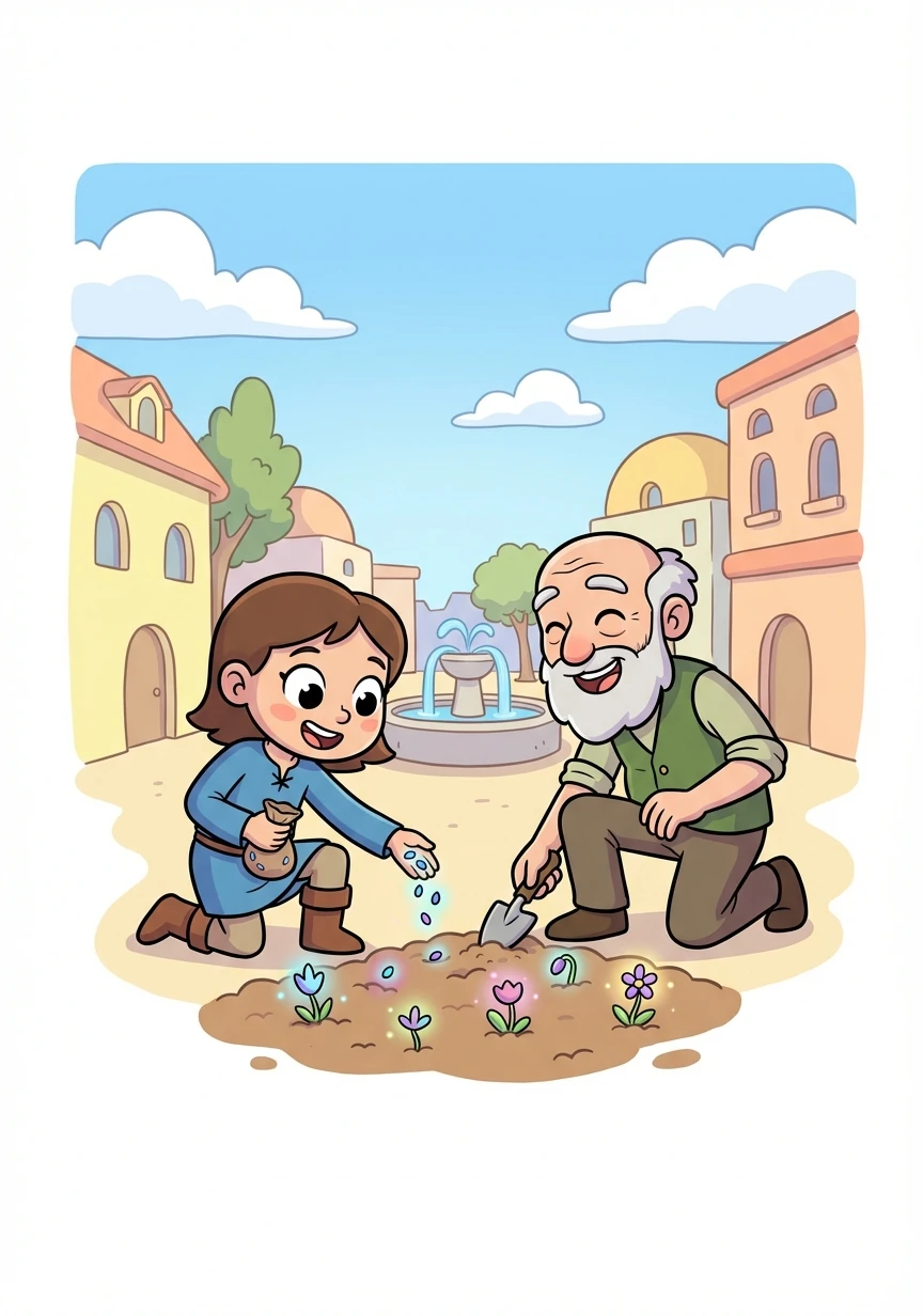 Elara recogió semillas del jardín mágico y las llevó al pueblo. Con la ayuda del anciano, plantaron las semillas en la plaza, y poco a poco, las flores comenzaron a brotar.