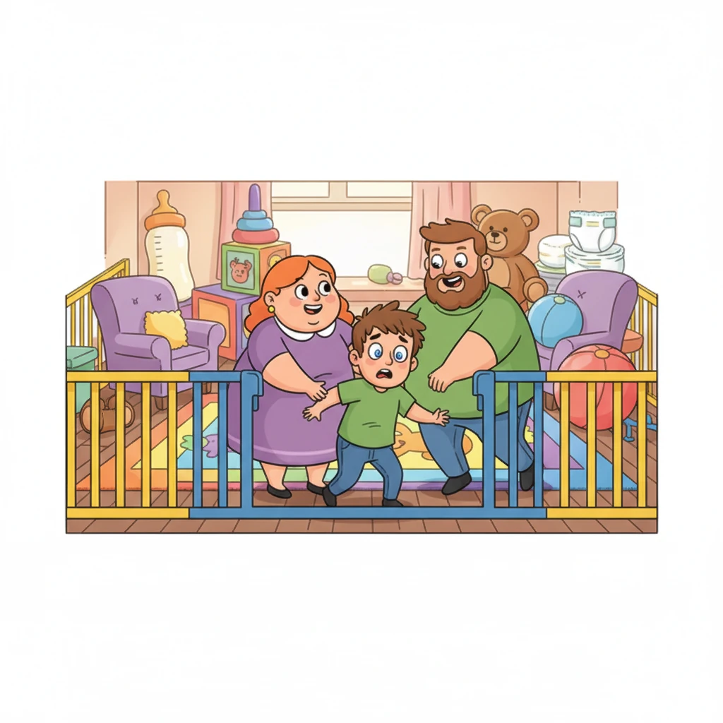 You arrive at the Hendersons', expecting a normal babysitting gig, but are immediately pulled inside. The living room is transformed into a colorful, oversized nursery with baby gates and a playmat. A strange feeling of confusion and unease washes over you.