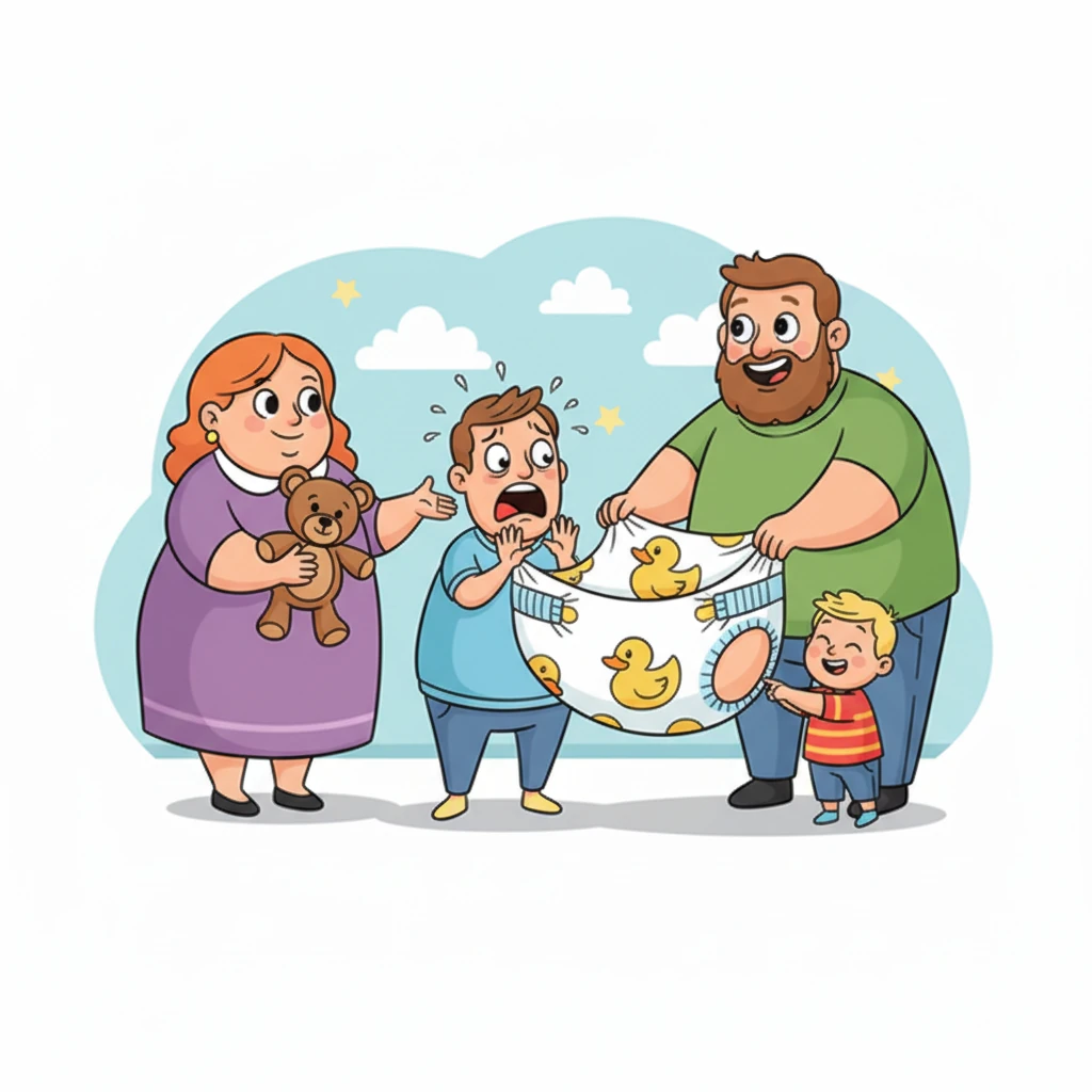 Mr. Henderson appears, holding a giant diaper with cartoon ducks, clearly meant for an adult. Mrs. Henderson explains that you are 'their special guest,' and the unsettling realization dawns that you are the baby they've been waiting for. Panic starts to set in.