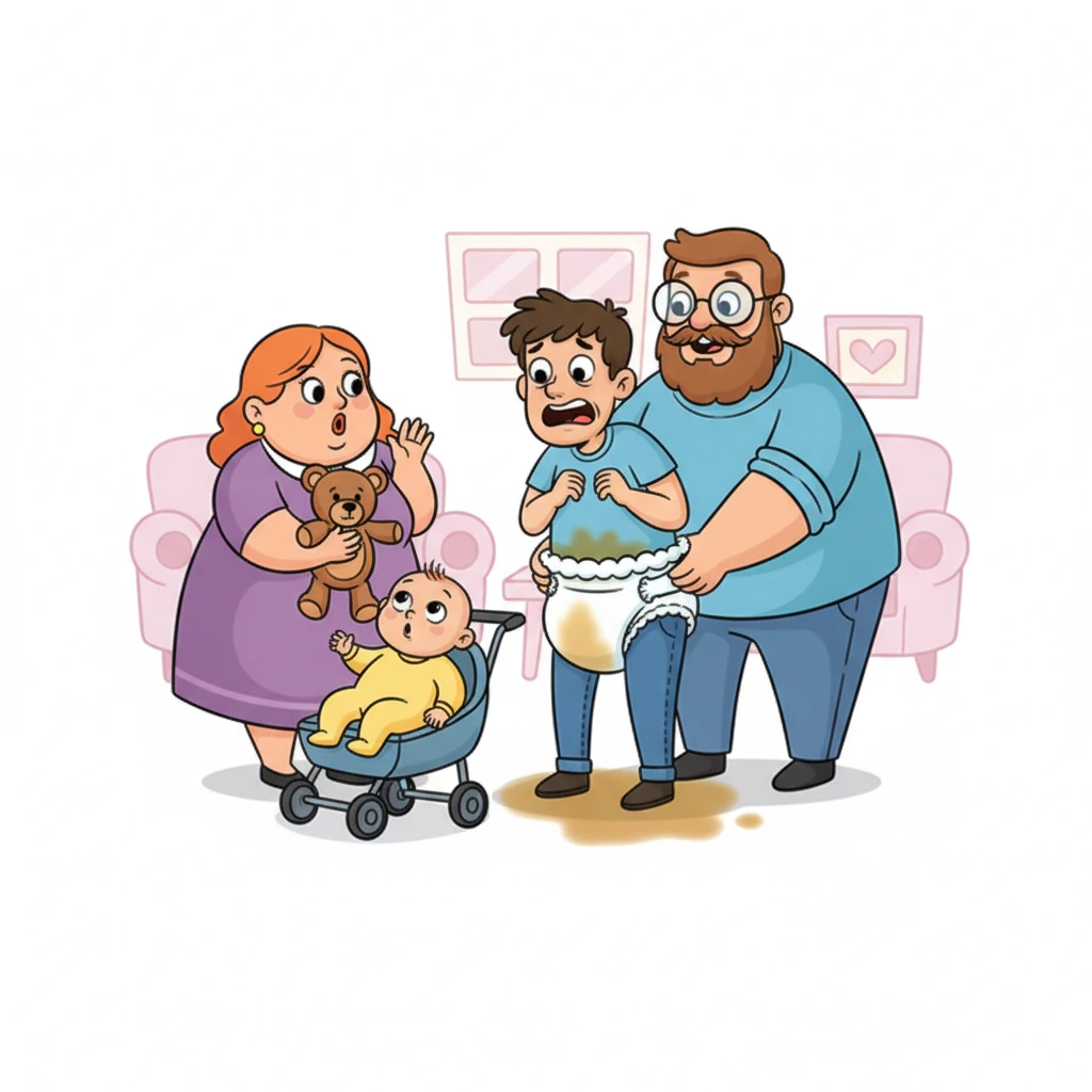 As you try to escape, the Hendersons corner you, and Mr. Henderson forces the thick diaper over your jeans. The humiliation is overwhelming, and in a moment of sheer terror, you soil yourself, the warm mess filling the diaper. The Hendersons react with delighted coos.