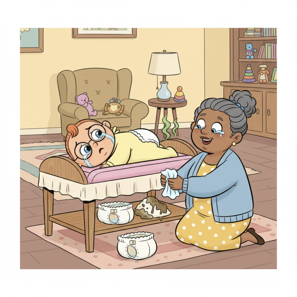 You are led to an oversized changing table in the living room, unable to meet their eyes as Mrs. Henderson cheerfully changes your soiled diaper. The smell is mortifying, and tears of shame prick your eyes as they wipe you clean and put on a fresh one.