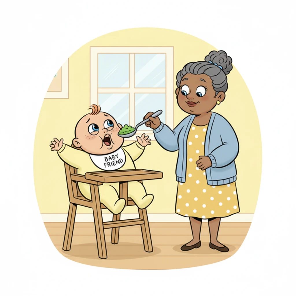 Strapped into a high chair, you try to protest, but your words are dismissed as cute baby babble. Mrs. Henderson brings a spoonful of mashed peas to your mouth, forcing you to eat the bland, mushy food despite your resistance.