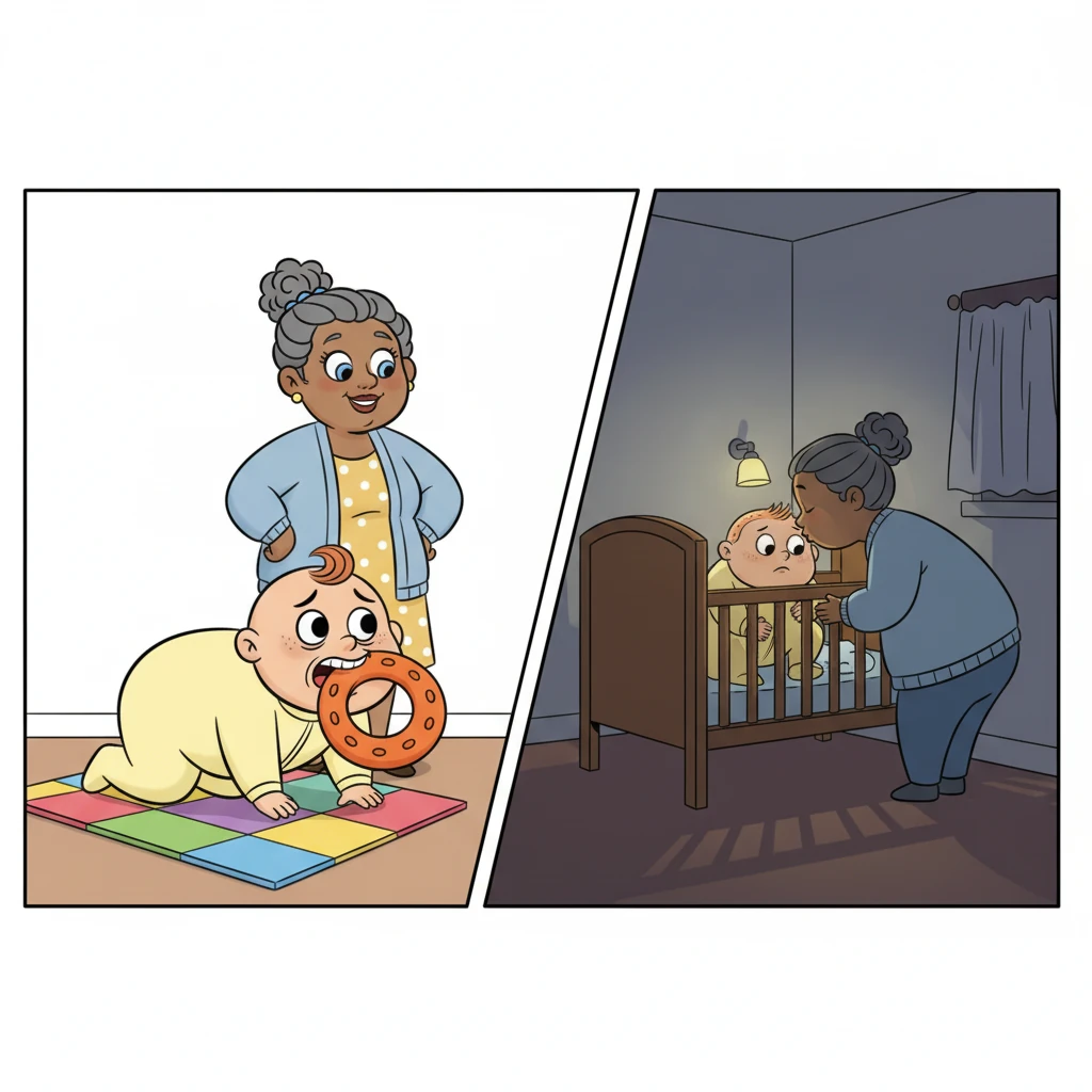 The evening progresses with bizarre 'baby' activities, including crawling on the playmat, chewing on a huge teething toy, and finally being tucked into a crib in a dim spare bedroom. Mrs. Henderson kisses your forehead like a true mother, leaving you alone and desperate.