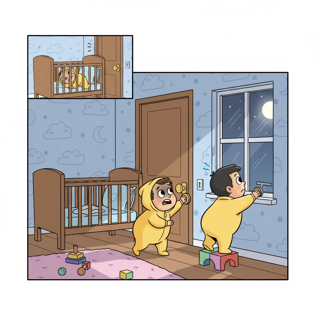 Lying in the crib, you listen to the Hendersons' movements, plotting your escape. You manage to slip out of the crib and quietly try the bedroom door, then a window, but find them securely locked. A shiver of fear runs through you.