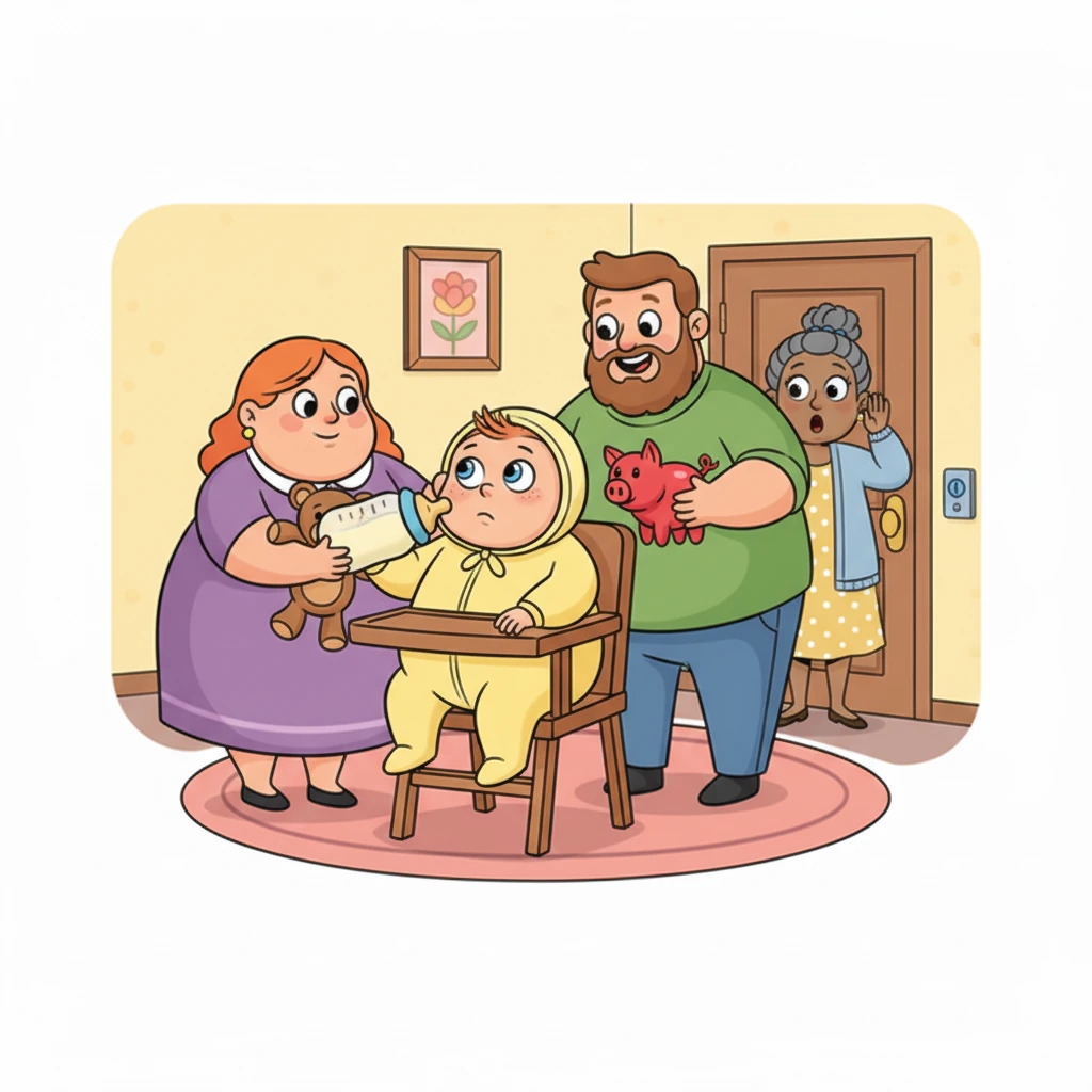 The next morning, the 'baby' routine intensifies. You're fed from a bottle, forced into more structured playtime, and even given a squeaky toy. Despair mixes with a glimmer of hope as you hear a doorbell ring, sensing a potential distraction.