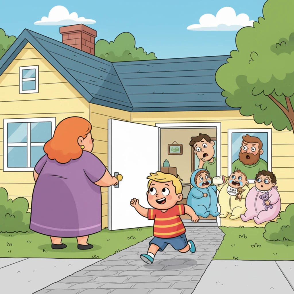 As Mrs. Henderson goes to answer the door, you seize your chance. With surprising agility, you scramble away, out the back door, and sprint down the street, leaving the bewildered Hendersons and their bizarre 'babysitting assignment' far behind.
