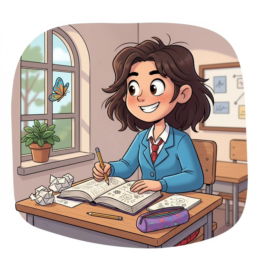 Mia, a vibrant 17-year-old with a mischievous grin, sits at her school desk, a textbook open but her gaze fixed on the fluttering butterfly outside the window. Her imagination runs wild, sketching doodles instead of notes, clearly bored with the lecture. Her bright uniform and tousled hair hint at her playful spirit, a stark contrast to the serious academic setting.
