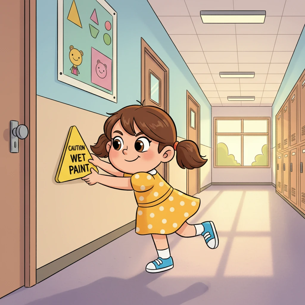 Later that day, Mia is seen tiptoeing down the school corridor, a cheeky smile playing on her lips as she places a 'wet paint' sign on a perfectly dry wall. Her eyes sparkle with impish delight, enjoying the small, harmless prank she's just pulled. Her dynamic pose suggests she's about to dash away before anyone catches her.