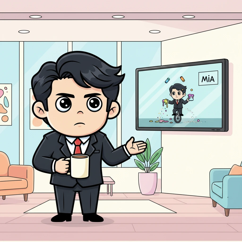 In a sleek, modern office, Jungkook, looking sharp and commanding in his CEO attire, watches a security monitor with a knowing, slightly stern expression. The screen shows Mia's recent antics, a faint frown creasing his brow as he sips from a stylish mug. His powerful presence fills the spacious room, hinting at his authority.